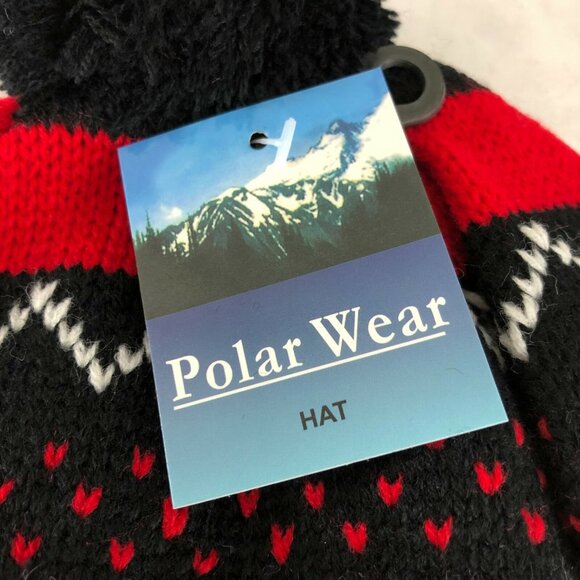 Polar Wear Kids Beanie Hat Ear Flaps Fleece Lined Striped Knit Pom Red Black OS - Picture 5 of 6